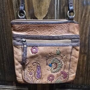 FOSSIL genuine Leather Small Crossbody Purse Embroidery Boho